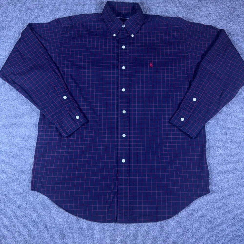 Ralph Lauren Golf Tilden Shirt Mens Medium Navy Blue Red Windowpane Check Cotton